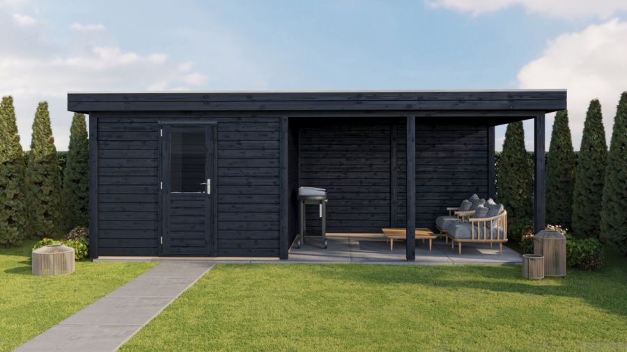 Lugarde Select Modern tuinhuis met overkapping Lelystad 300x300cm + 400cm - Zwarte olie