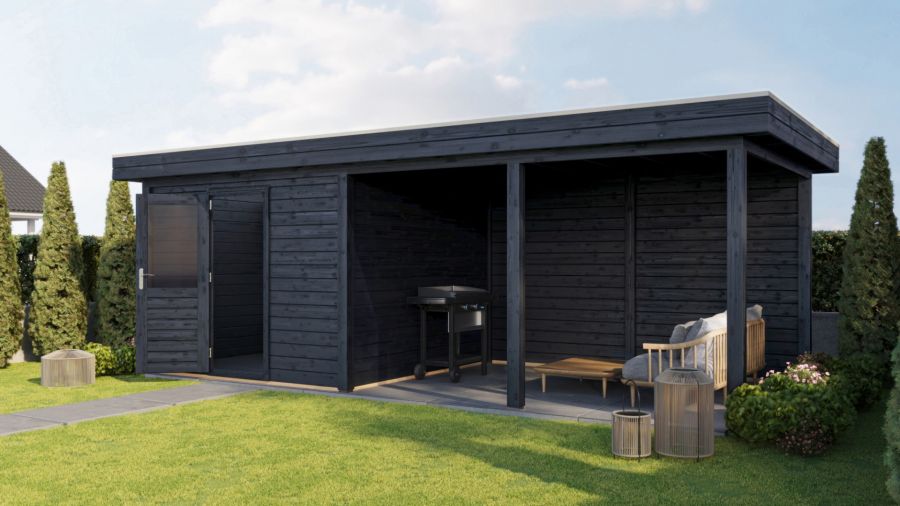 Lugarde Select Modern tuinhuis met overkapping Lelystad 300x300cm + 400cm - Zwarte olie