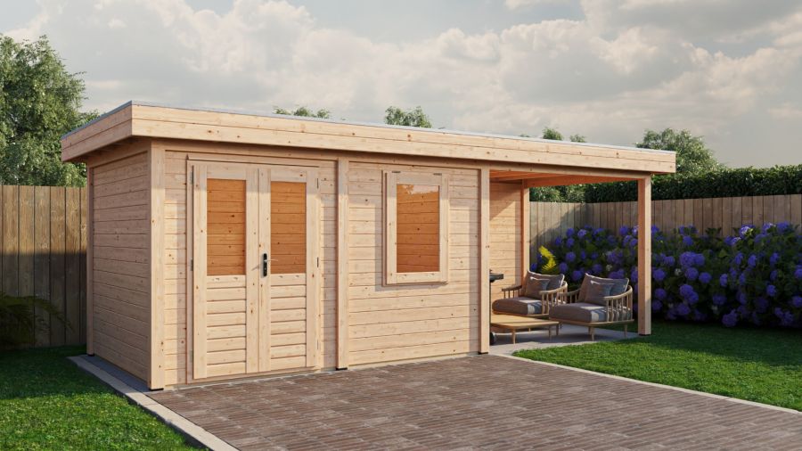 Lugarde Select Modern tuinhuis met overkapping Neerkant 388x250cm + 300cm - Onbehandeld