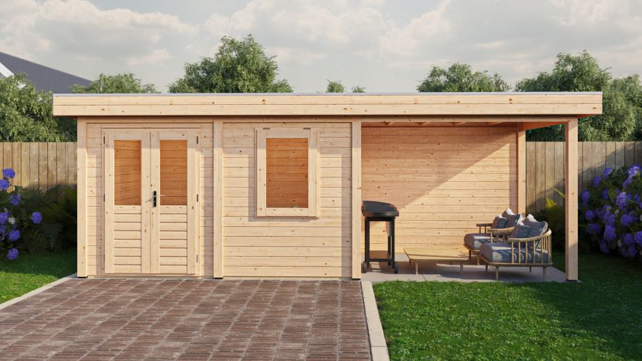 Lugarde Select Modern tuinhuis met overkapping Neerkant 388x250cm + 300cm - Onbehandeld