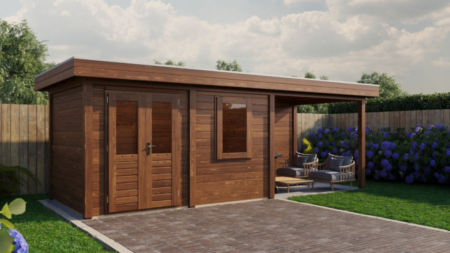 Lugarde Select Modern tuinhuis met overkapping Neerkant 388x250cm + 300cm - Bruine olie