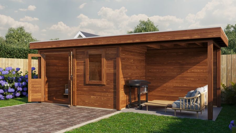 Lugarde Select Modern tuinhuis met overkapping Neerkant 388x250cm + 300cm - Bruine olie