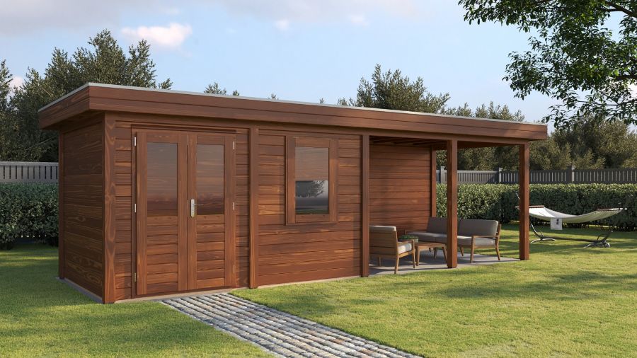 Lugarde Select Modern tuinhuis met overkapping Dronten 388x250cm + 400cm - Bruine olie