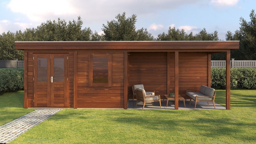 Lugarde Select Modern tuinhuis met overkapping Dronten 388x250cm + 400cm - Bruine olie