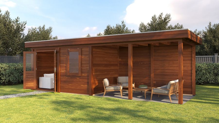 Lugarde Select Modern tuinhuis met overkapping Dronten 388x250cm + 400cm - Bruine olie