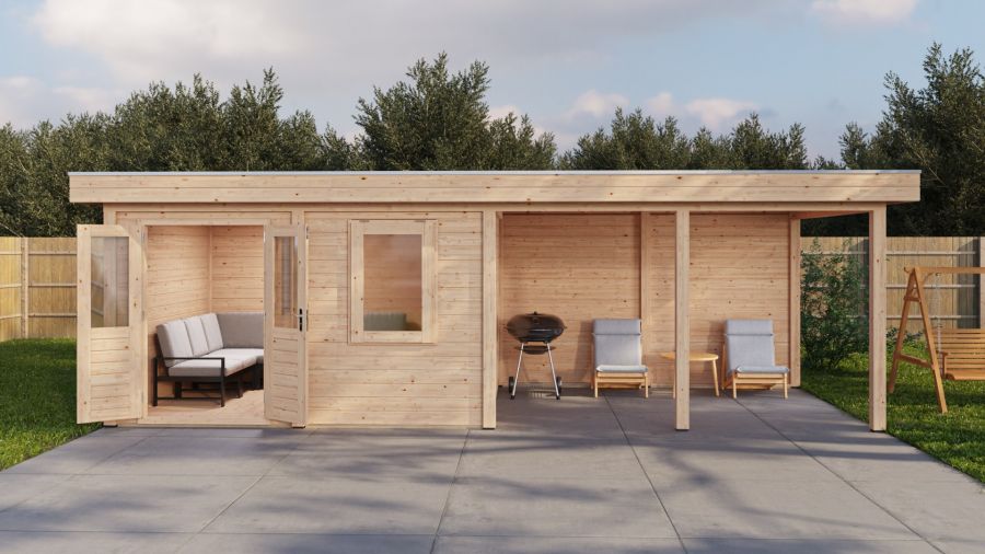 Lugarde Select Modern tuinhuis met overkapping Zutphen 388x300cm + 400cm - Onbehandeld