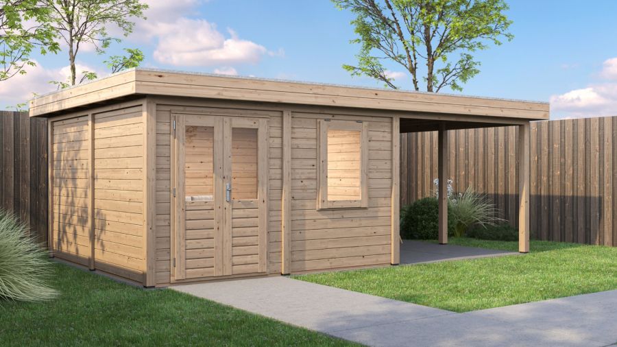 Lugarde Select Modern tuinhuis met overkapping Almere 388x388cm + 300cm - Onbehandeld