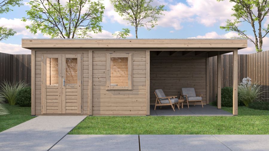 Lugarde Select Modern tuinhuis met overkapping Almere 388x388cm + 300cm - Onbehandeld