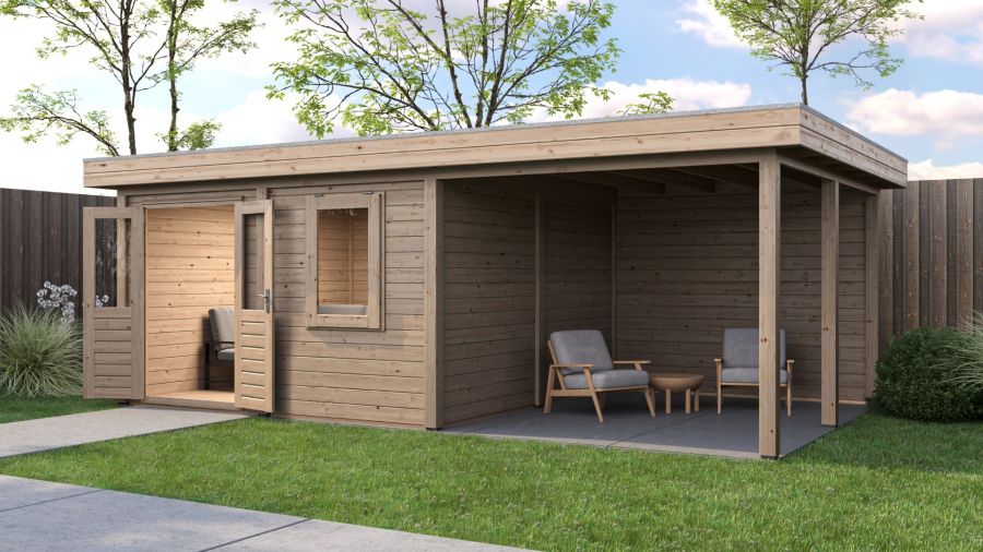 Lugarde Select Modern tuinhuis met overkapping Almere 388x388cm + 300cm - Onbehandeld