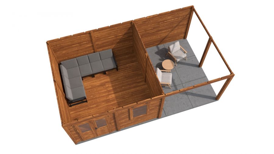 Lugarde Select Almere Modern tuinhuis 388x388cm + overkapping 300 cm 28 mm vuren bruin geolied