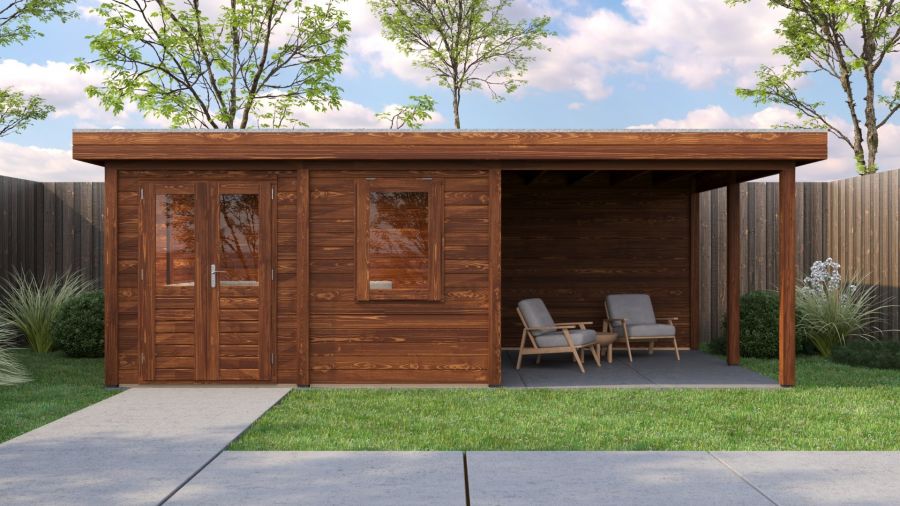 Lugarde Select Almere Modern tuinhuis 388x388cm + overkapping 300 cm 28 mm vuren bruin geolied