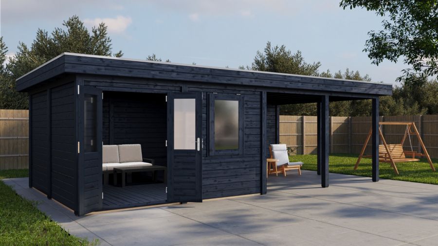 Lugarde Select Modern tuinhuis met overkapping Amstelveen 388x388cm + 400cm - Zwarte olie