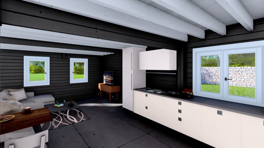 Chalet Frankrijk 1030x610 cm - grijs geïmpregneerd met wit gespoten ramen en deuren