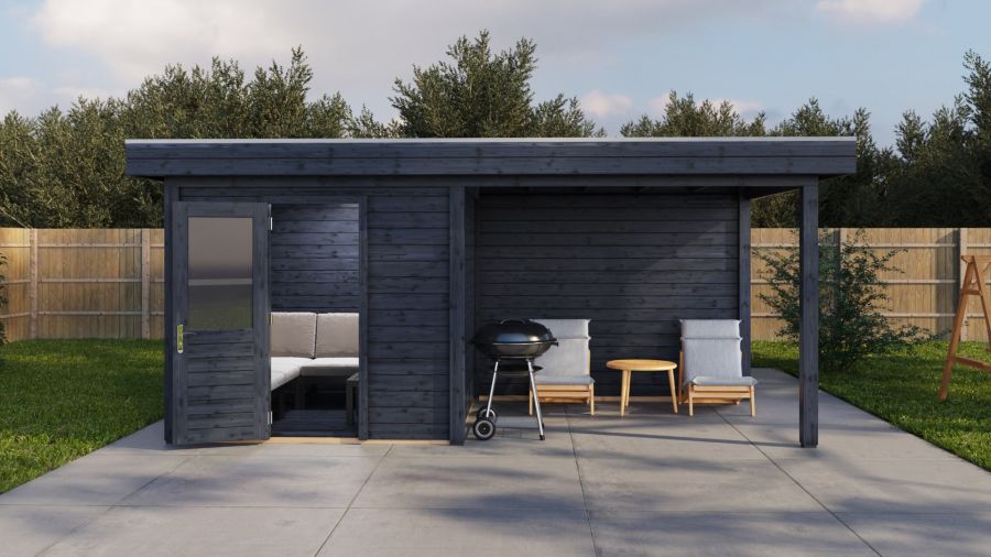 Lugarde Select Modern tuinhuis met overkapping Vught 250x250cm + 300cm - Zwarte olie