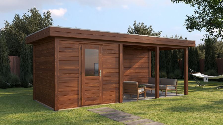 Lugarde Select Modern tuinhuis met overkapping Dordrecht 250x250cm + 400cm - Bruine olie