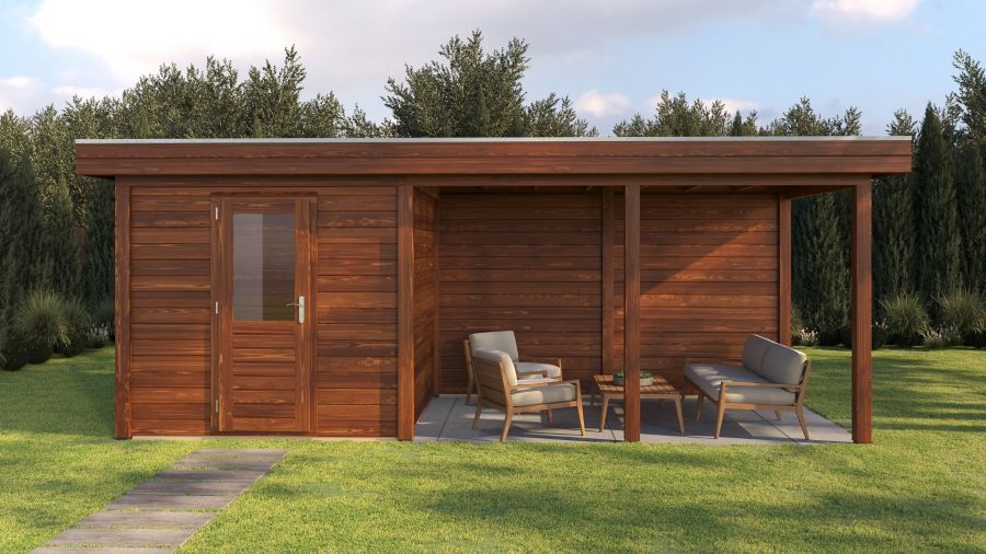 Lugarde Select Modern tuinhuis met overkapping Dordrecht 250x250cm + 400cm - Bruine olie