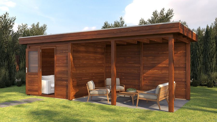 Lugarde Select Modern tuinhuis met overkapping Dordrecht 250x250cm + 400cm - Bruine olie