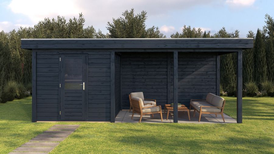 Lugarde Select Modern tuinhuis met overkapping Dordrecht 250x250cm + 400cm - Zwarte olie