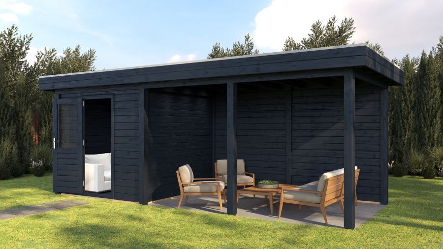 Lugarde Select Modern tuinhuis met overkapping Dordrecht 250x250cm + 400cm - Zwarte olie