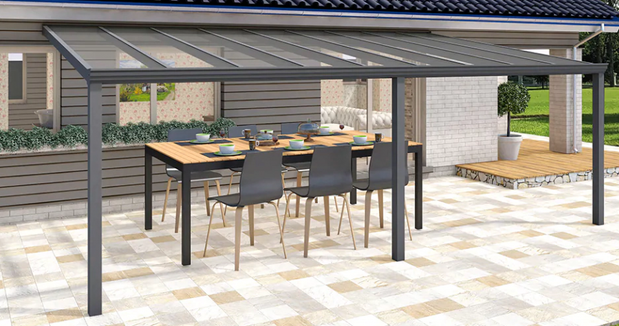 Lugarde Select Modern tuinhuis met overkapping Almere 388x388cm + 300cm - Zwarte olie
