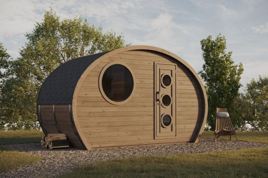 Barrelsauna Oval 195 - 397x175 cm - incl. dakshingles en vloer