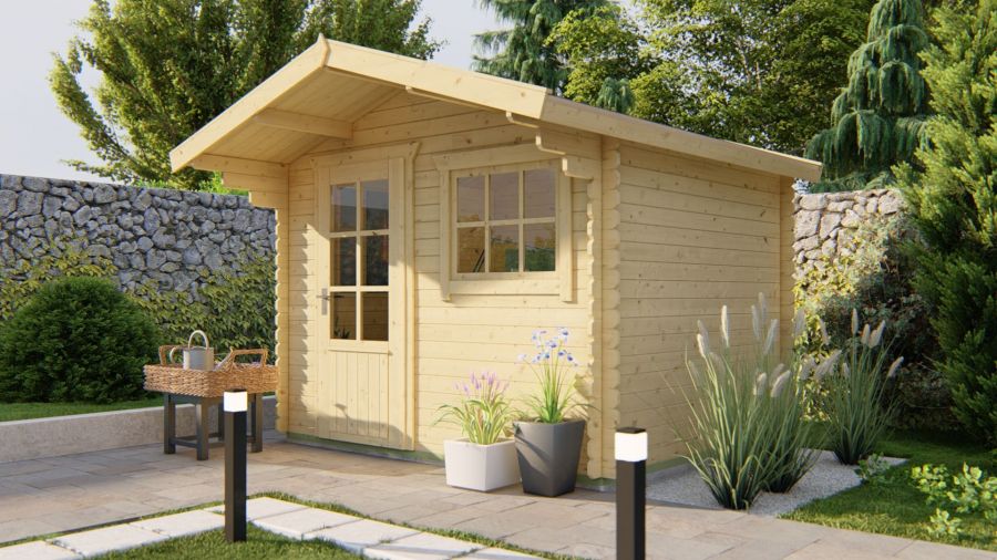 Tuindeco Bjorn Blokhut 300x260 cm + luifel 80 cm 28 mm vuren red class wood geïmpregneerd