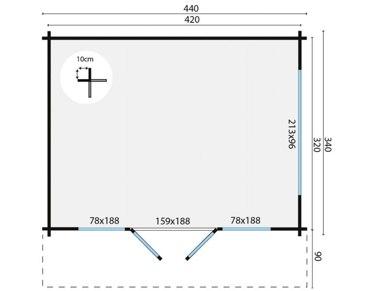 Blokhut Blackpool 440x340 cm met luifel - plattegrond