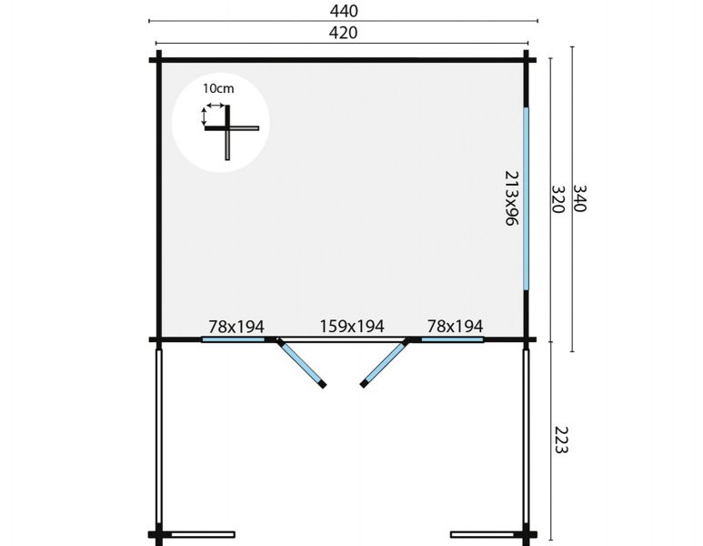 Blokhut Bolton 440x340 cm met luifel - plattegrond