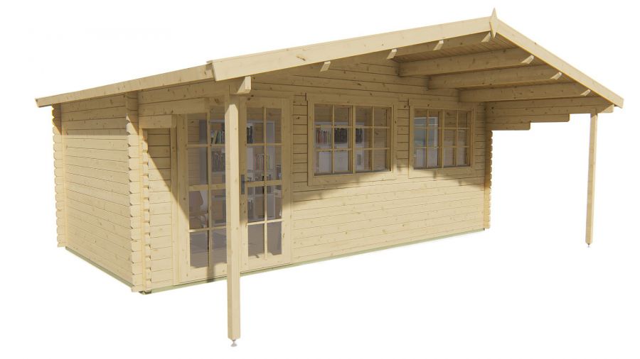 Tuindeco Piet Blokhut 595x300 cm + luifel 200 cm 45 mm vuren grijs geïmpregneerd