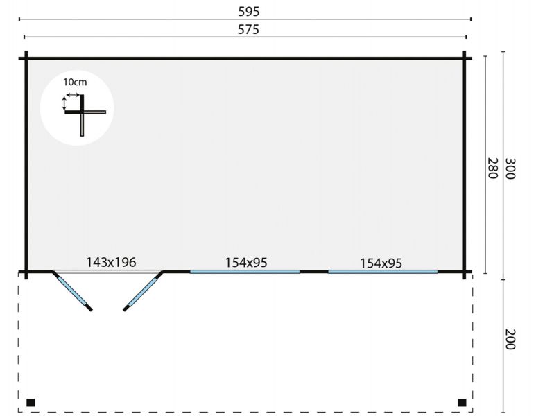 Tuindeco Piet Blokhut 595x300 cm + luifel 200 cm 45 mm vuren grijs geïmpregneerd