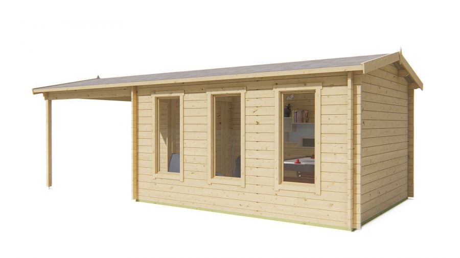 Tuindeco Skeg blokhut 420x340 cm + overkapping 280 cm 44 mm vuren red class wood geïmpregneerd