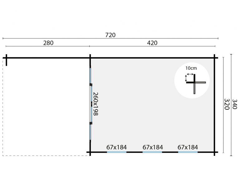 Blokhut Skeg 420x340 cm + zijluifel 280 cm - plattegrond