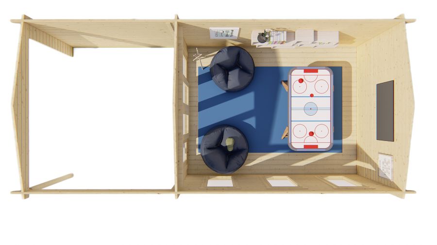 Tuindeco Skeg blokhut 420x340 cm + overkapping 280 cm 44 mm vuren red class wood geïmpregneerd