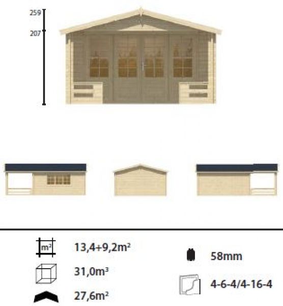 Tuindeco Bolton Blokhut 440x340 cm + luifel 200 cm 58 mm vuren grijs geïmpregneerd
