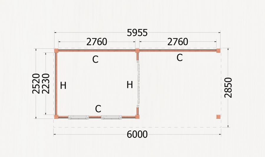 Buitenverblijf Refter XL 600x285 cm - plattegrond