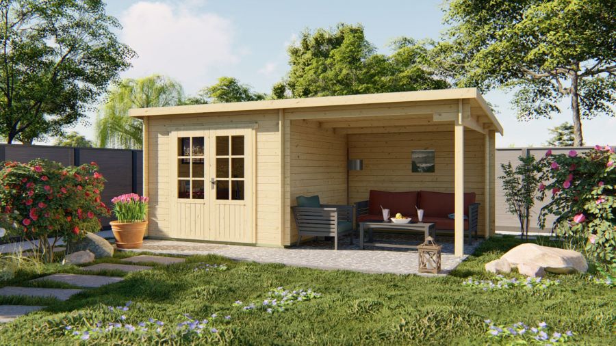 Tuindeco Chappo Blokhut 300x300 cm + luifel 298 cm 28 mm vuren bruin geïmpregneerd