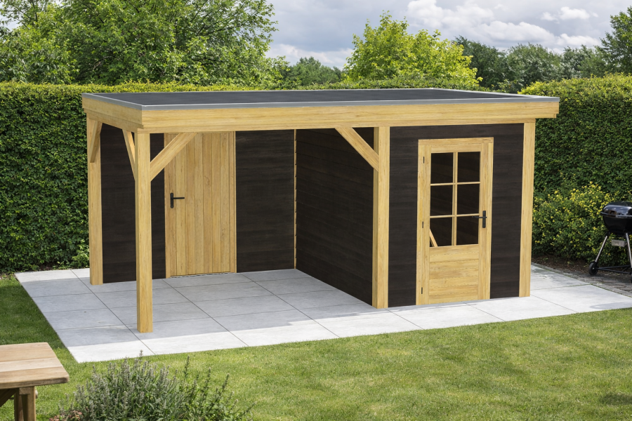 Blokhut Sittard 200x270 cm met overkapping 300x270 cm Douglas blank met vuren rabat wanden zwart (Incl. EPDM)