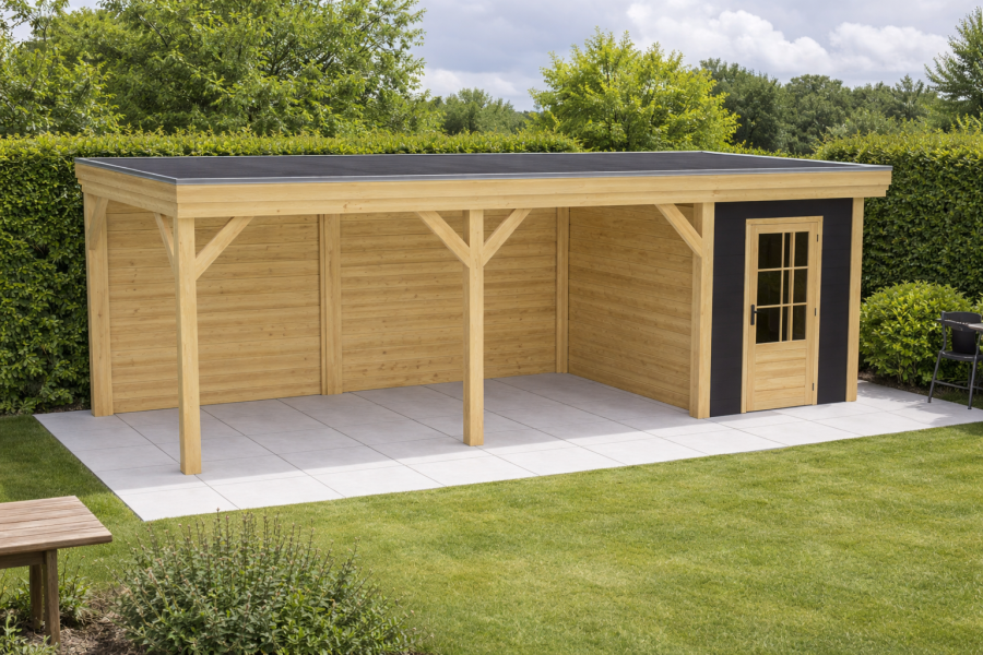 Blokhut Sneek 200x300 cm met overkapping 600x300 cm Douglas blank met vuren rabat wanden zwart (Incl. EPDM)