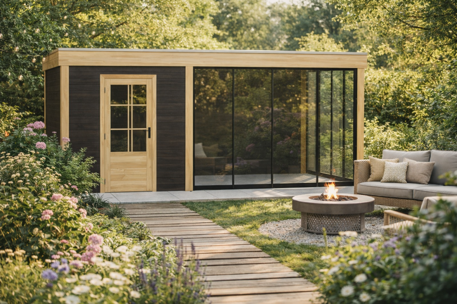 Blokhut Kampen 250x300 cm met overkapping 350x300 cm Douglas blank met vuren rabat wanden zwart (Incl. EPDM)