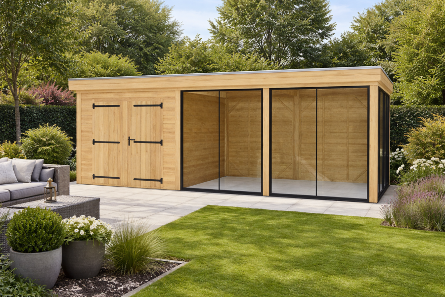 Blokhut Zutphen 330x300 cm + overkapping 370x300 cm Douglas blank (Incl. EPDM)