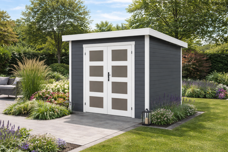 Blokhut Bart 300x300cm 28mm vuren Carbongrey-White geverfd