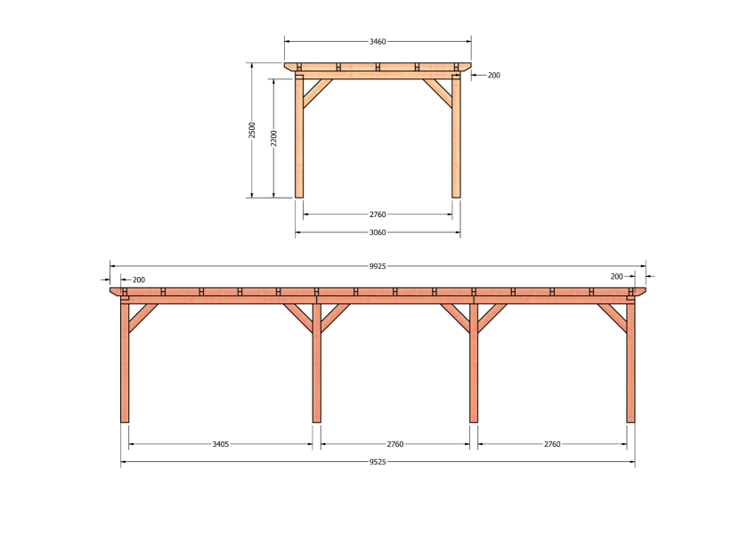Bouwpakket overkapping 992,5x346 cm fijnbezaagd Douglas