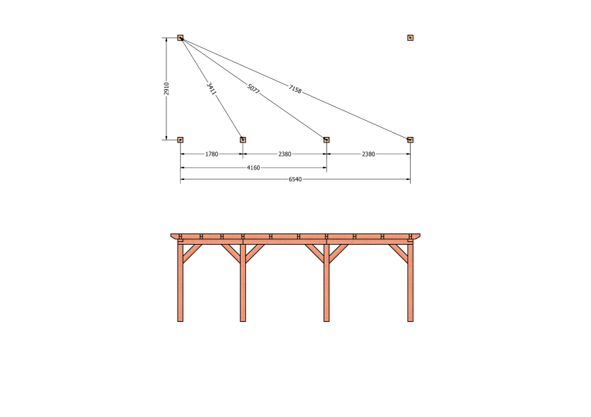 Bouwpakket aanbouwveranda 709x326 cm links fijnbezaagd Douglas