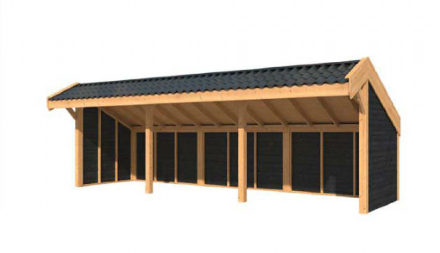 Lariks/Douglas kapschuur Boekelo met zwarte vurenhouten wanden - ongezaagd houtpakket 900x340 cm - Bouwpakket