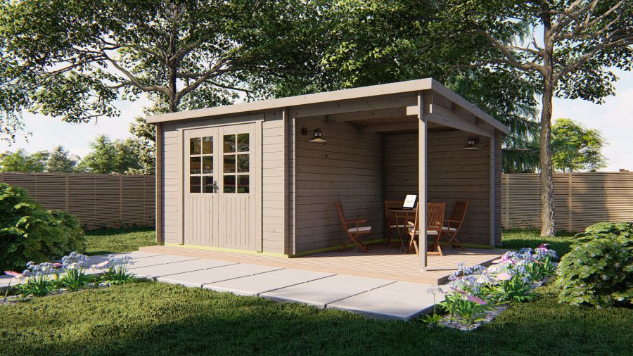 Tuindeco Dora blokhut 300x300 cm + overkapping 200 cm 28 mm vuren red class wood geïmpregneerd