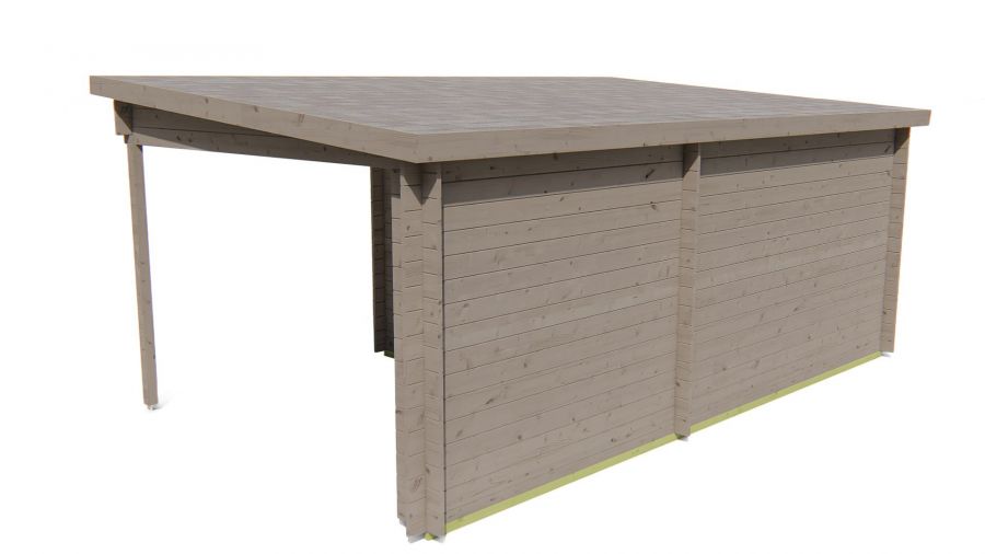 Tuindeco Dora blokhut 300x300 cm + overkapping 200 cm 28 mm vuren red class wood geïmpregneerd