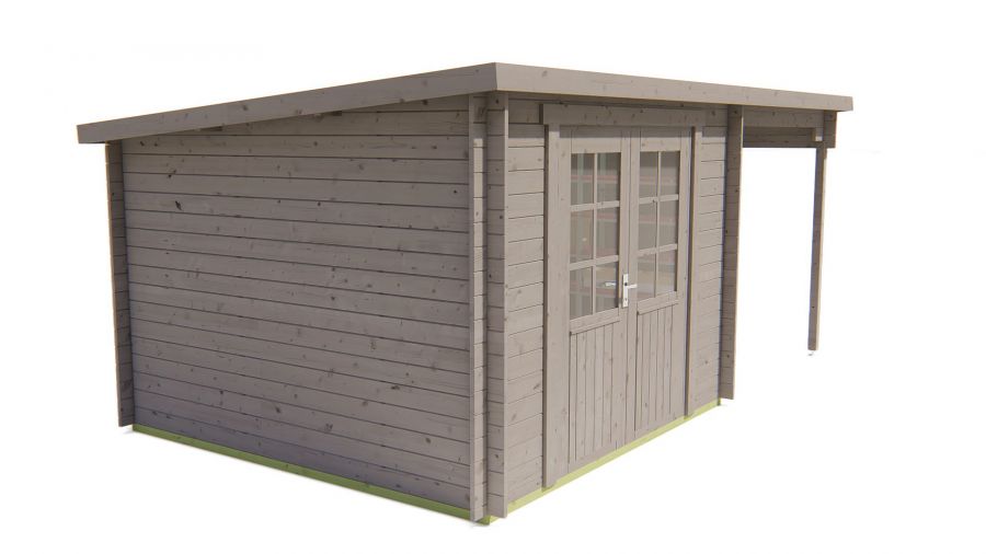 Tuindeco Dora blokhut 300x300 cm + overkapping 200 cm 28 mm vuren red class wood geïmpregneerd