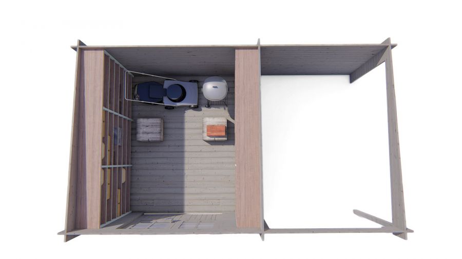 Tuindeco Dora blokhut 300x300 cm + overkapping 200 cm 28 mm vuren red class wood geïmpregneerd