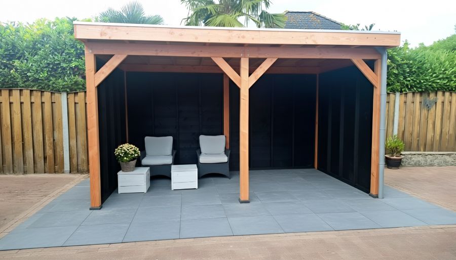 Overkapping Helmond 450x250 cm Douglas blank met vuren rabat wanden zwart (Incl. EPDM)