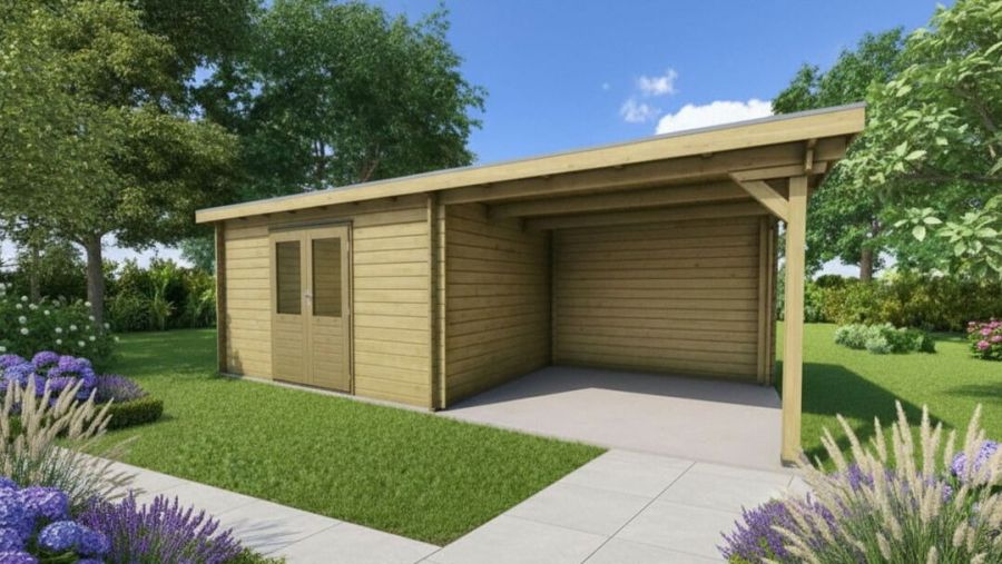 Classicline Blokhut Flevoland vuren groen geïmpregneerd 400x250 cm + overkapping 300 cm
